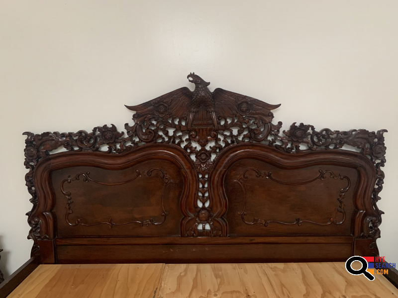Spectacular One Of A Kind Carved Mahogany King Bed with Matching End Tables