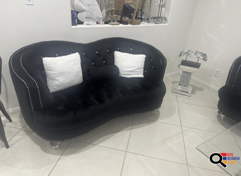  Black Velvety Sofa with Acrylic Legs and Crystal Looking Stone Details.for sale in Reseda, CA